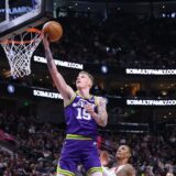 Apr 11, 2024; Salt Lake City, Utah, USA; Utah Jazz forward Luka Samanic (19) lays the ball up against the Houston Rockets during the first quarter at Delta Center. Mandatory Credit: Rob Gray-USA TODAY Sports Photo: Rob Gray/REUTERS