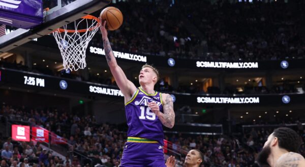 Apr 11, 2024; Salt Lake City, Utah, USA; Utah Jazz forward Luka Samanic (19) lays the ball up against the Houston Rockets during the first quarter at Delta Center. Mandatory Credit: Rob Gray-USA TODAY Sports Photo: Rob Gray/REUTERS