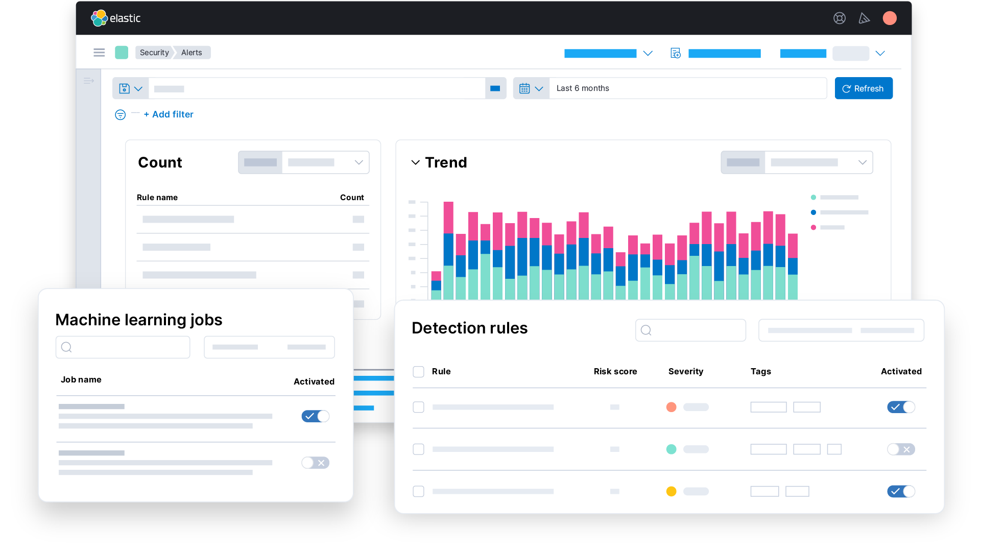 Elastic Security alerting UI, with detection rules and machine learning jobs for automated protection