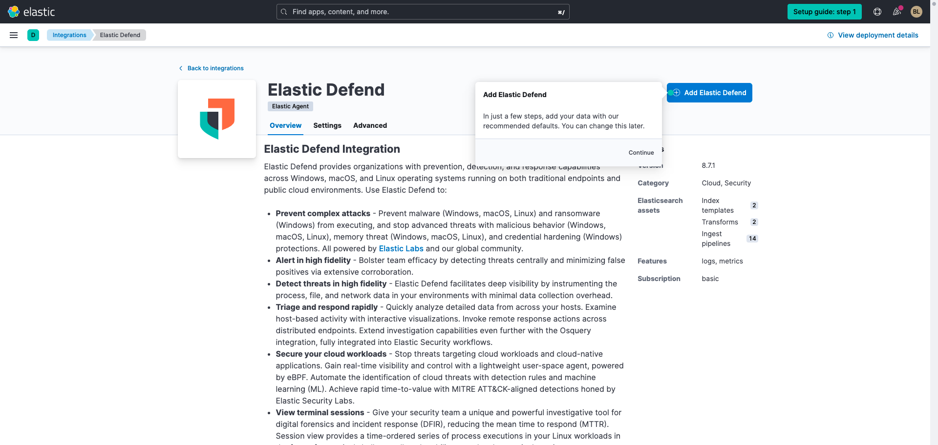 Screenshot of Elastic Security and Elastic Defend