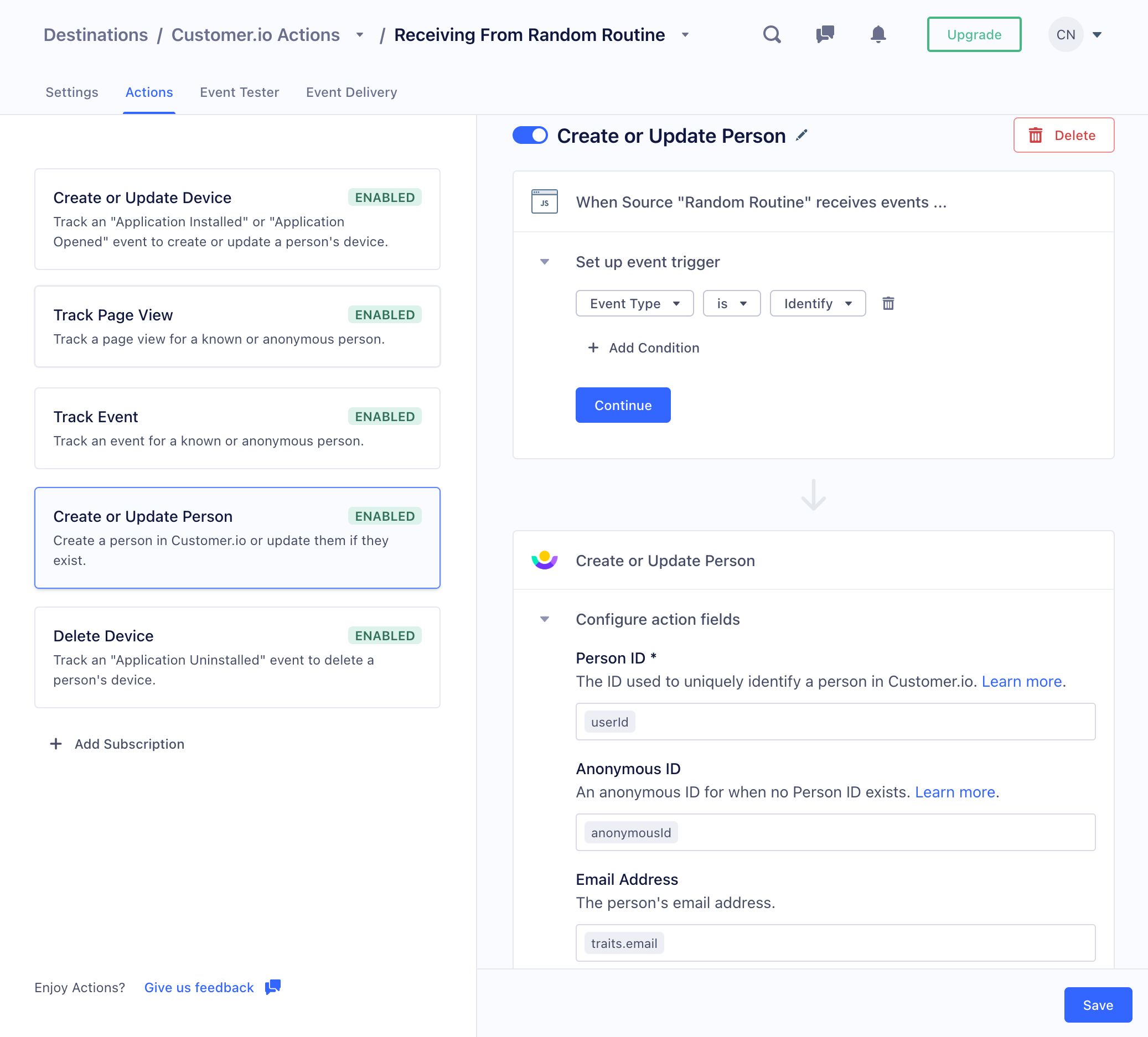 Set up a destination action for Customer.io