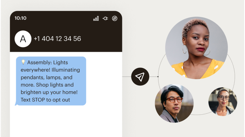 A phone displaying the text message, "Assembly: Lights everywhere! Illuminating pendants, lamps, and more. Shop lights and brighten up your home! Text STOP to opt out." A paper airplane connects this message to a circle of three faces.