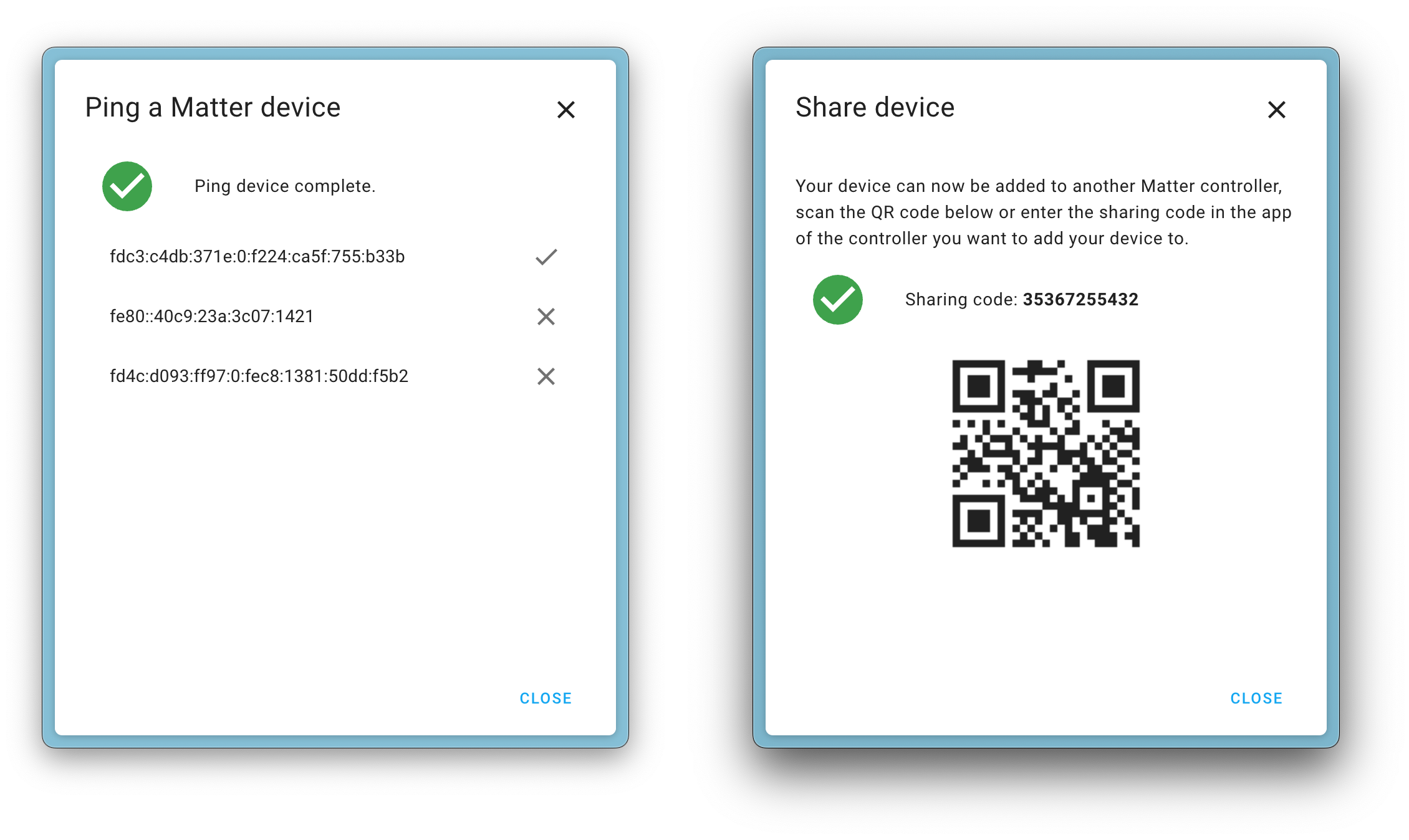 Screenshots the result of pinging a Matter device and sharing a Matter device with another controller.