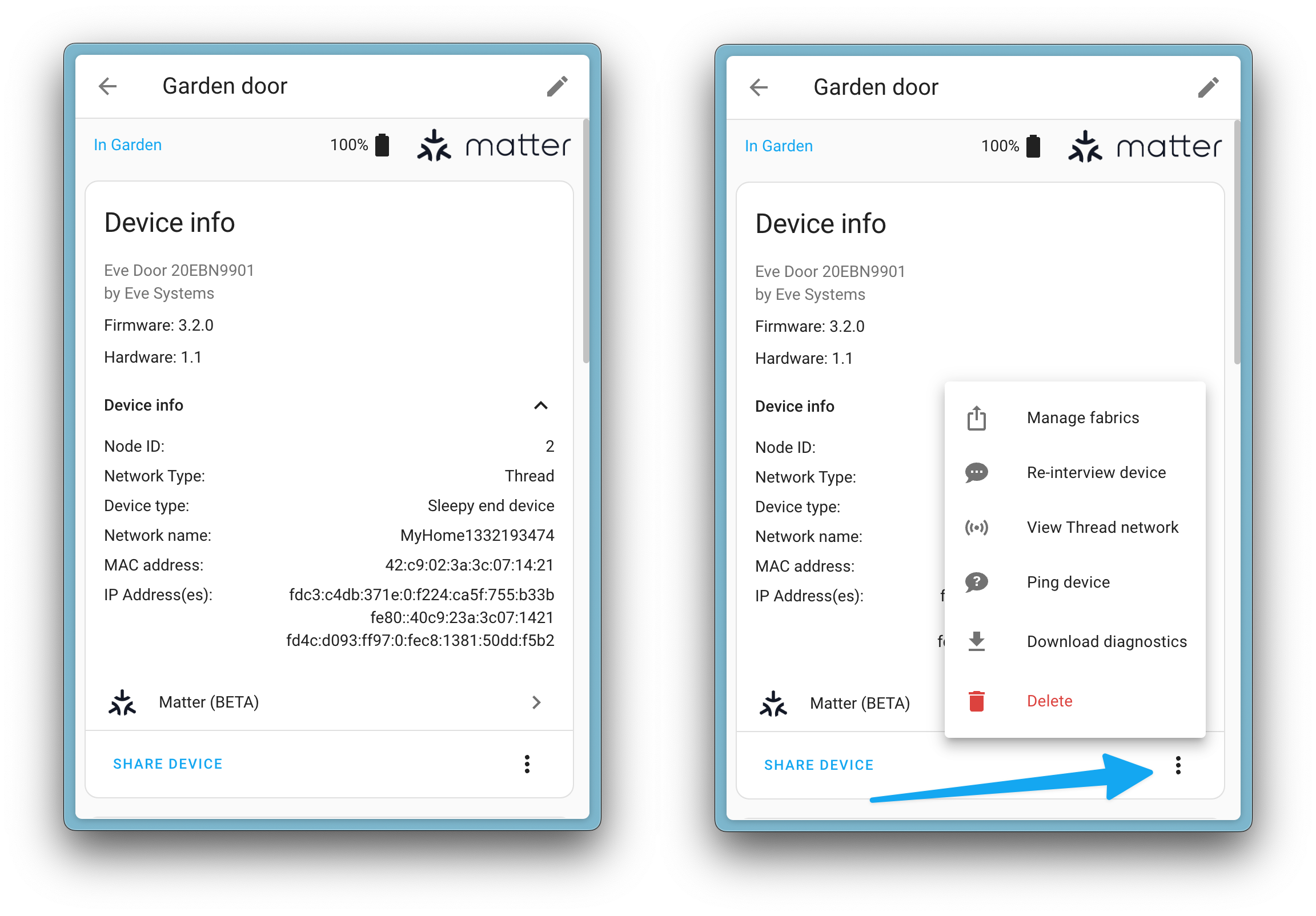 Screenshots showing a matter device in the UI with additional diagnostic information. The other screenshots shows the overflow menu on the device, that provides more actions.