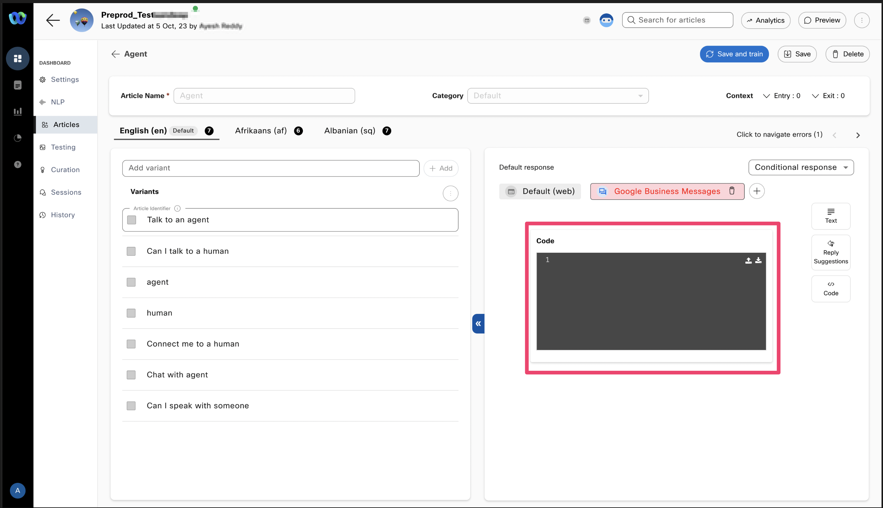 Configuring code-based responses