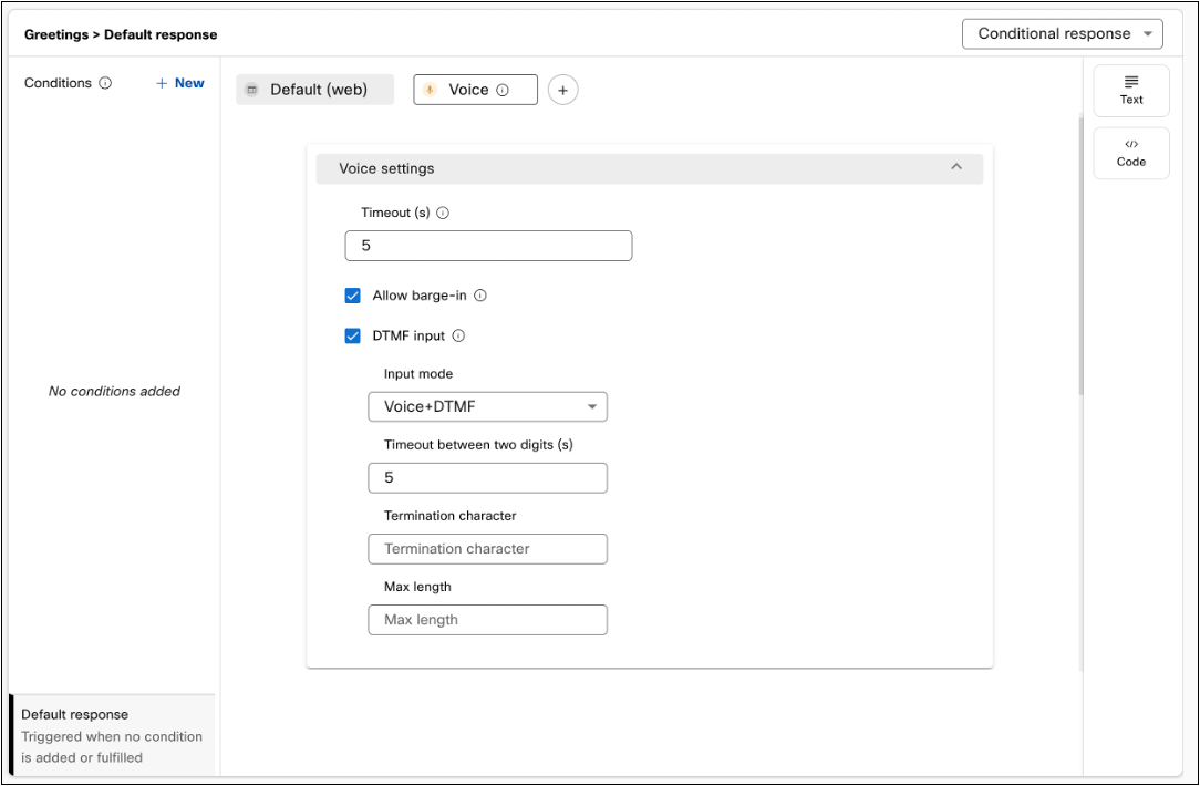 Voice settings in the response designer for ‘Voice’ channel