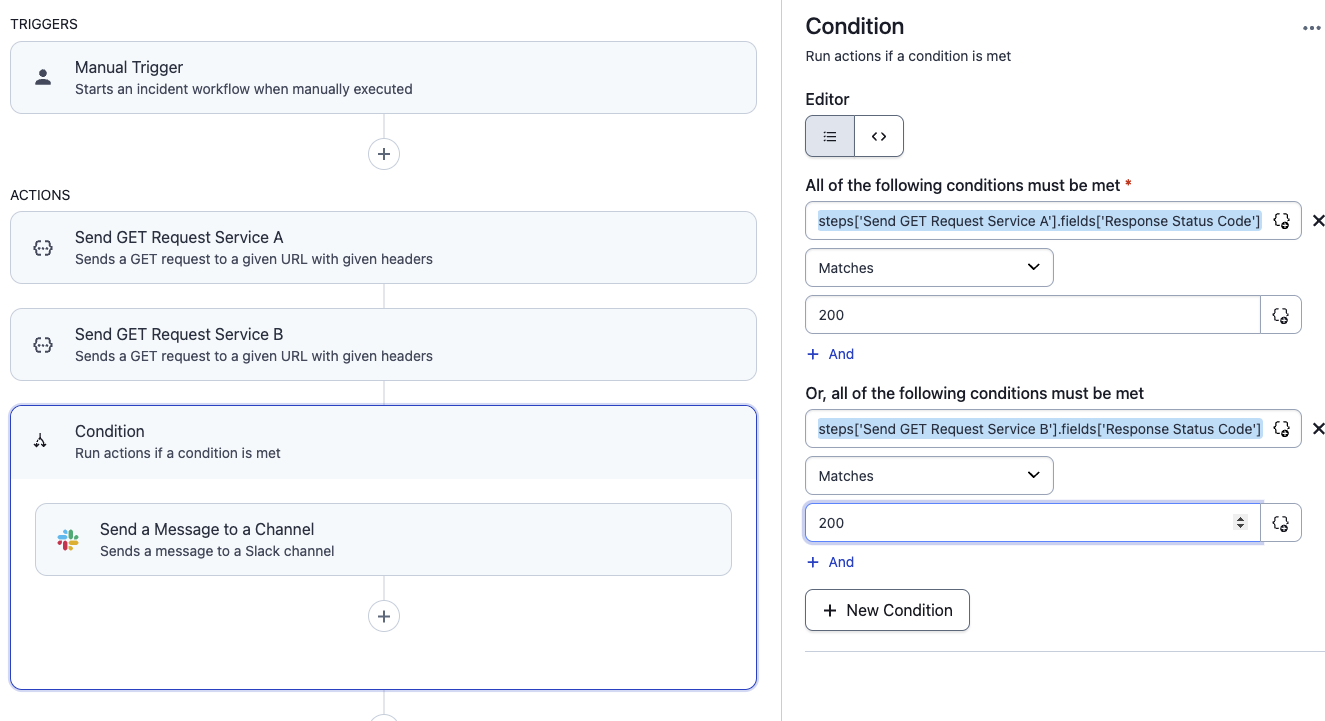 Workflow Condition with Actions Named `Send GET Request Service A` and `Send GET Request Service B`