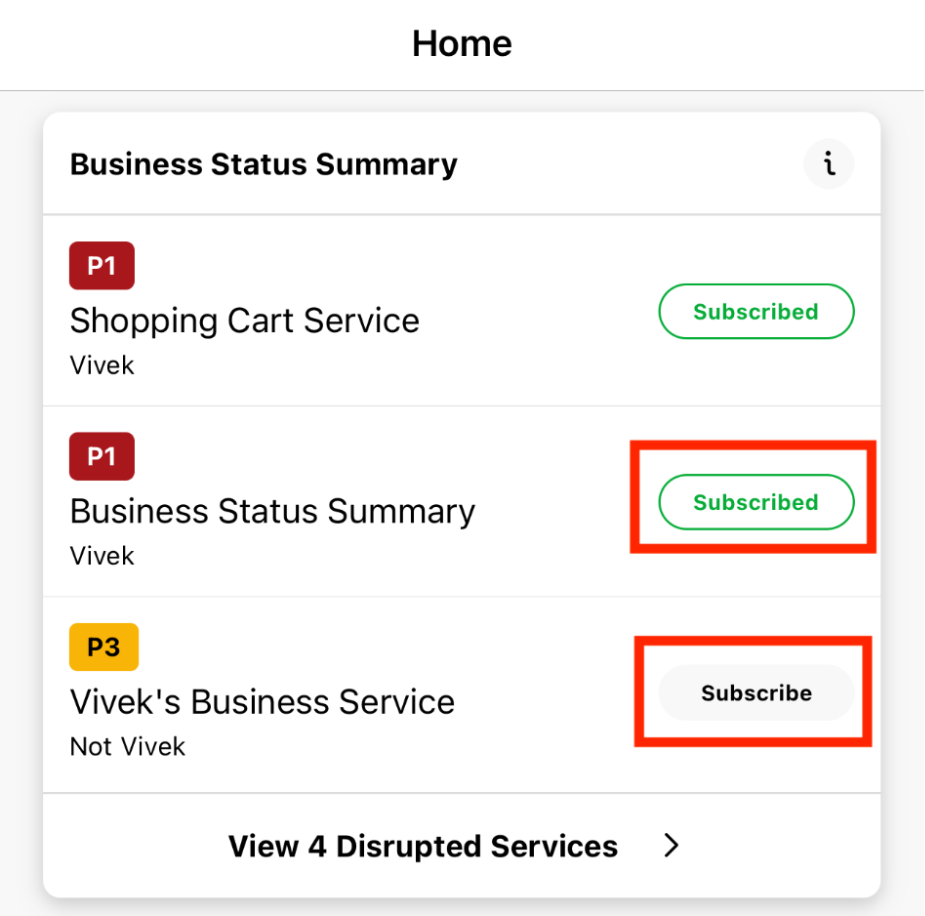 A screenshot of the mobile app indicating how to subscribe to an impacted business service