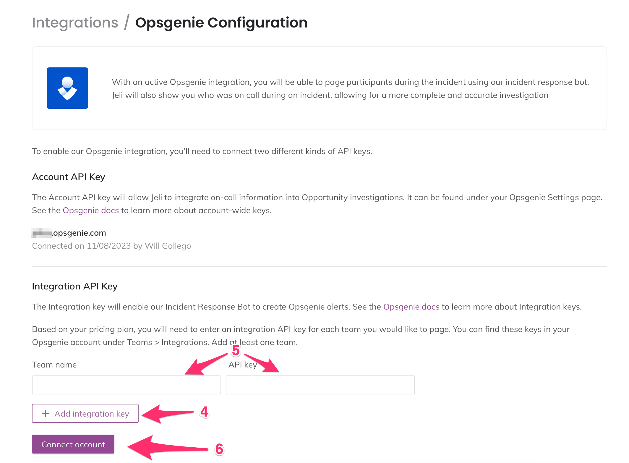 A screenshot of the Jeli UI detailing how to add an Opsgenie integration key to Jeli