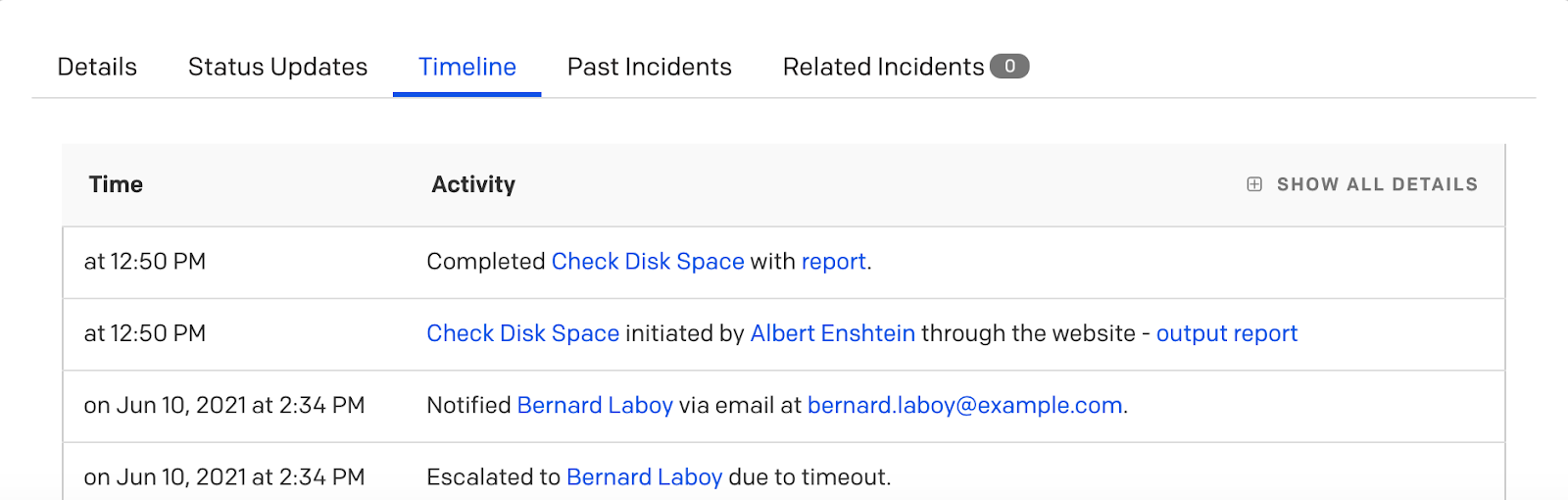 Process automation details in the incident timeline