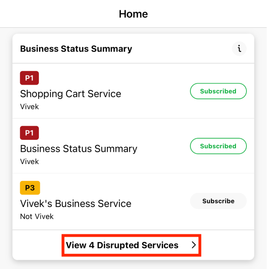 A screenshot of the mobile app indicating how to view all disrupted business services