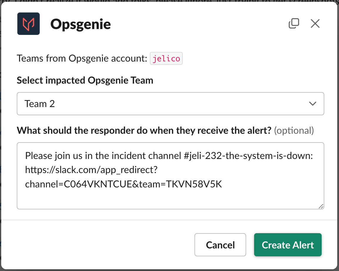 A screenshot of the Slack UI detailing how to create an Opsgenie alert