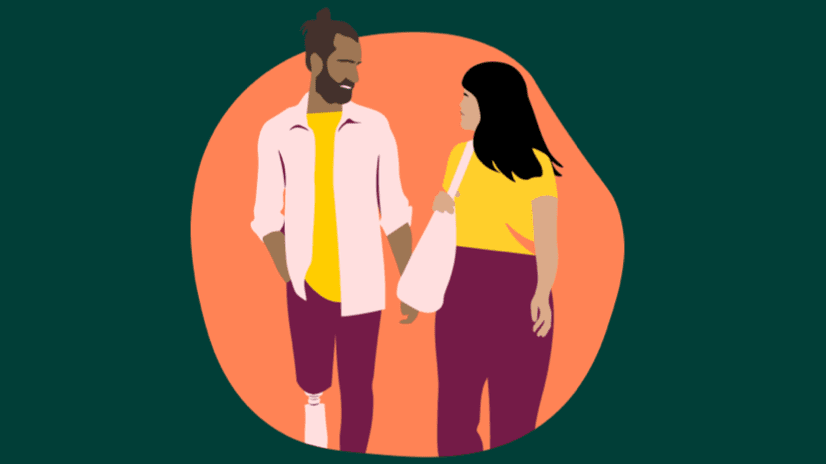 Illustration of man and woman walking together