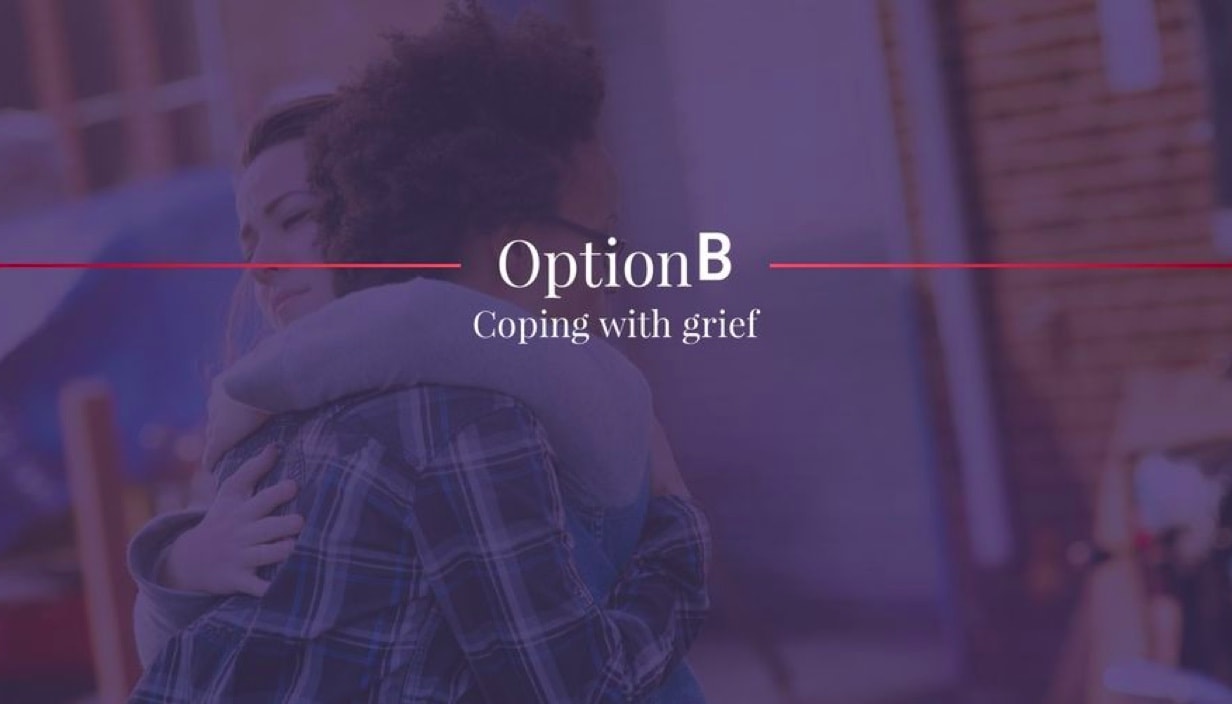 Two people hugging with “Option B coping with grief” in the center of the image