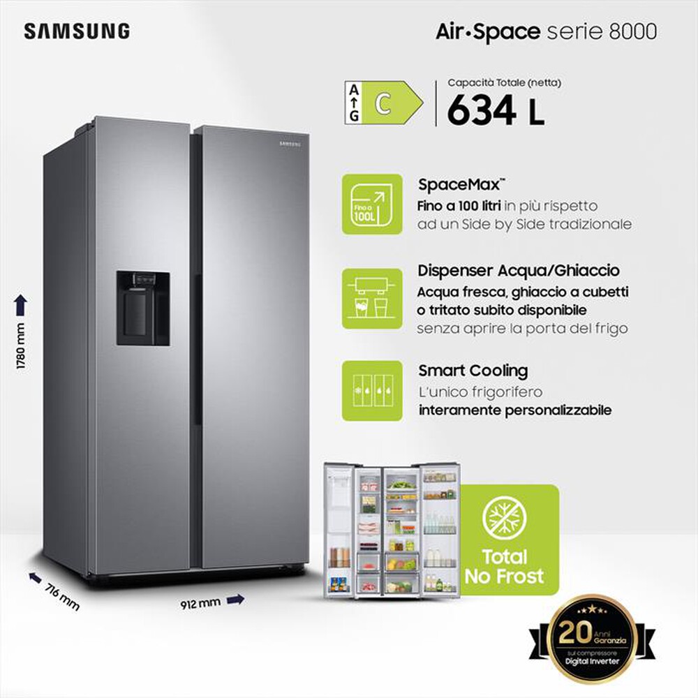 "SAMSUNG - Frigorifero side by side RS68A854CSL/EF Classe C-EZ Clean Steel"