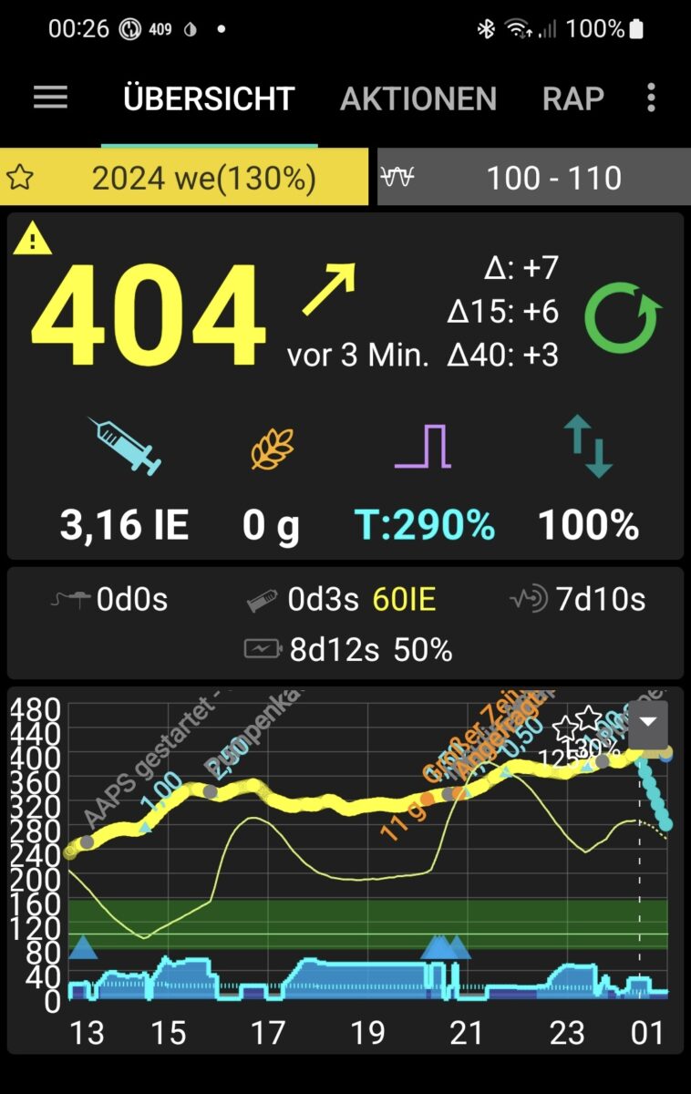 screenshot der pancreas-app mit sehr hohem blutzucker