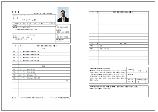 転職回数の多い方向けＡ３タイプの履歴書サンプル