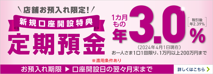 店舗お預入れ限定！新規口座開設特典 定期預金 1カ月もの 年3.0%［税引後 年2.39％］（2024年4月1日現在） お一人さま1口1回限り、1万円以上200万円まで ※適用条件あり お預入れ期限：口座開設日の翌々月末まで 詳しくはこちら