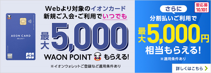 Webより対象のイオンカード新規ご入会・ご利用でいつでも最大5,000WAON POINTもらえる! ※イオンウォレットご登録な適用条件あり さらに分割払いでご利用で最大5,000円相当もらえる! ※適用条件あり 要応募10.10まで 詳しくはこちら