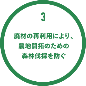 3.廃材の再利用により、農地開拓のための森林伐採を防ぐ