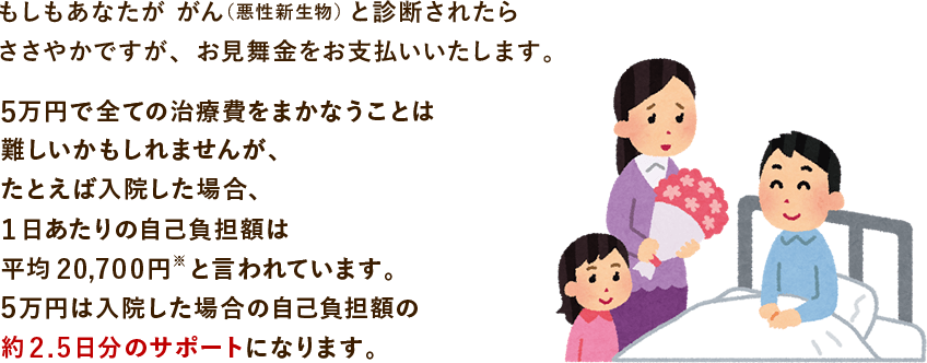 もしもあなたが がん（悪性新生物）と診断されたらささやかですが、お見舞金をお支払いいたします。5万円で全ての治療費をまかなうことは難しいかもしれませんが、たとえば入院した場合、１日あたりの自己負担額は平均20,700円※と言われています。5万円は入院した場合の自己負担額の約2.5日分のサポートになります。