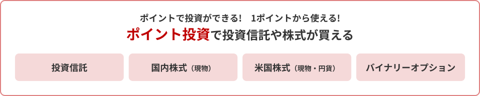 ポイントで投資ができる！1ポイントから使える！ポイント投資で投資信託や株式が買える、投資信託/国内株式（現物）/米国株式（現物・円貨）/バイナリーオプション