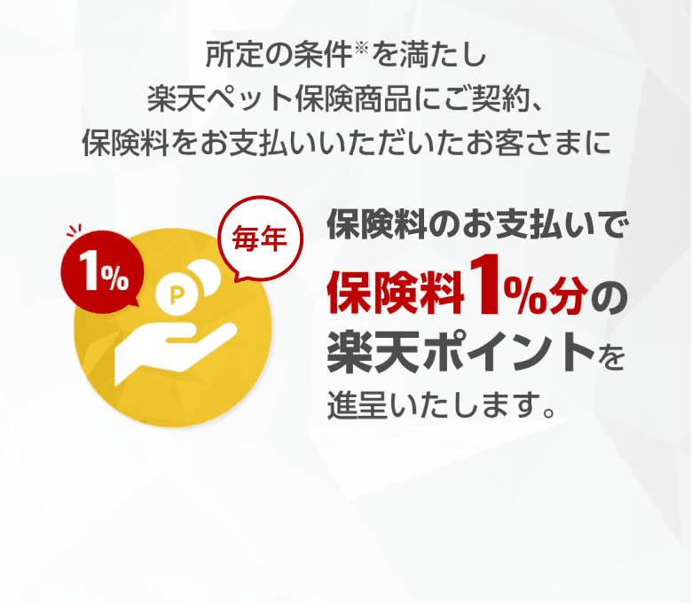 所定の条件※を満たし楽天ペット保険商品にご契約、保険料をお支払いいただいたお客さまに毎年保険料のお支払いで保険料1%分の楽天ポイントを進呈いたします。