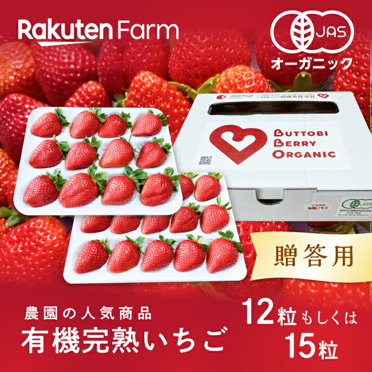 【ポイント5倍】【送料無料】バレンタインカードお付けできます　有機いちご12粒もしくは15粒　オーガニックエコフェスタ最優秀賞受賞　徳島県　酸味とコクのある甘み　楽天ファーム こだわり農家直送　贈り物　ギフト　いちご　BUTTOBIBERRYORGANIC