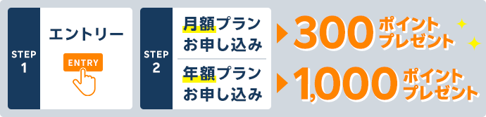 エントリー＆月額プランお申し込みで300ポイントプレゼント/エントリー＆年額プランお申し込みで1000ポイントプレゼント