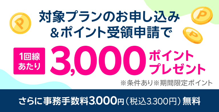 対象プランのお申し込み＆ポイント受領申請で1回線あたり3,000ポイントプレゼント！さらに契約事務手数料も無料！