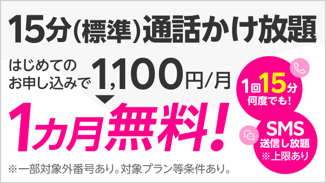 【15分（標準）通話かけ放題】料金1カ月無料特典