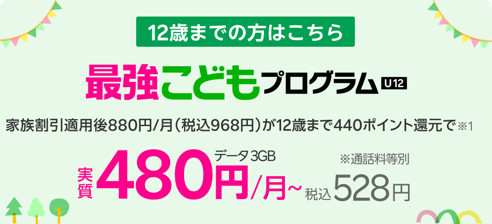 12歳までの方はこちら 最強こどもプログラム 家族割引適用後880円/月（税込968円）が12歳まで440ポイント還元で※1 データ3GB実質480円/月〜(税込528円) ※通話料等別