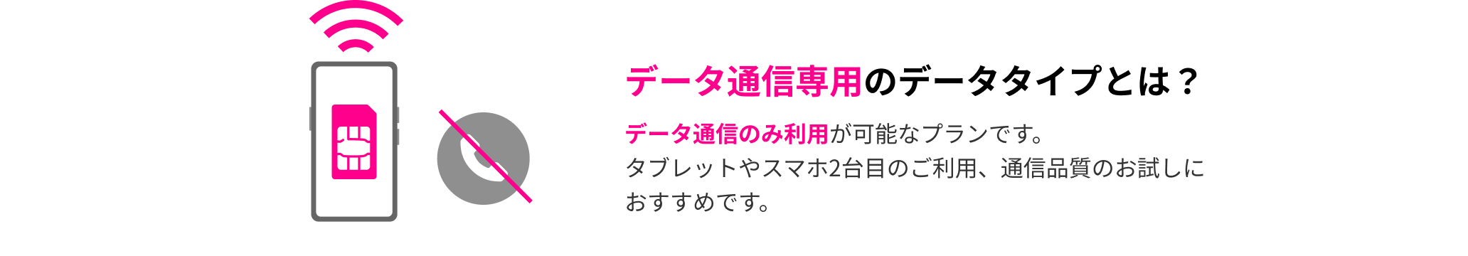 データ通信専用のデータタイプとは？ データ通信のみ利用が可能なプランです。タブレットやスマホ2台目のご利用、通信品質のお試しにおすすめです。