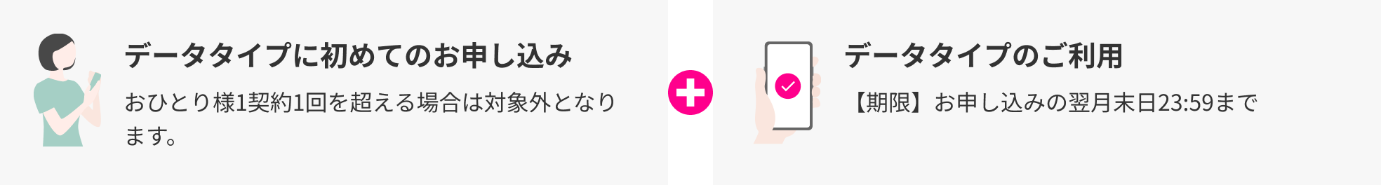 データタイプに初めてのお申し込み おひとり様1契約1回を超える場合は対象外となります。 データタイプのご利用【期限】お申し込みの翌月末日23:59まで