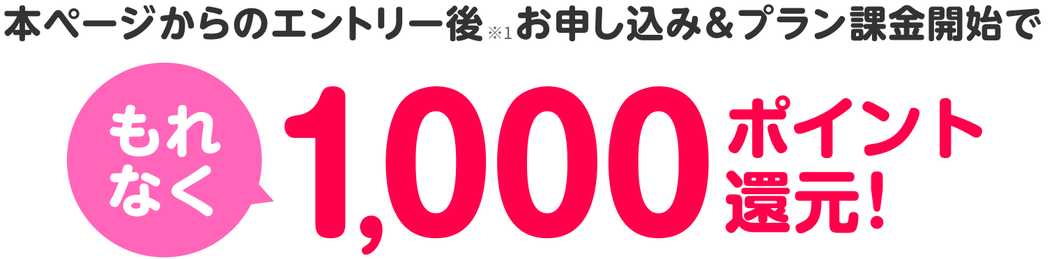 本ページからのエントリー後※1 お申し込み＆プラン課金開始でもれなく1,000ポイント還元！