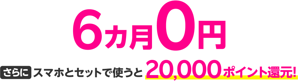 6カ月0円 さらにスマホとセットで使うと20,000ポイント還元！