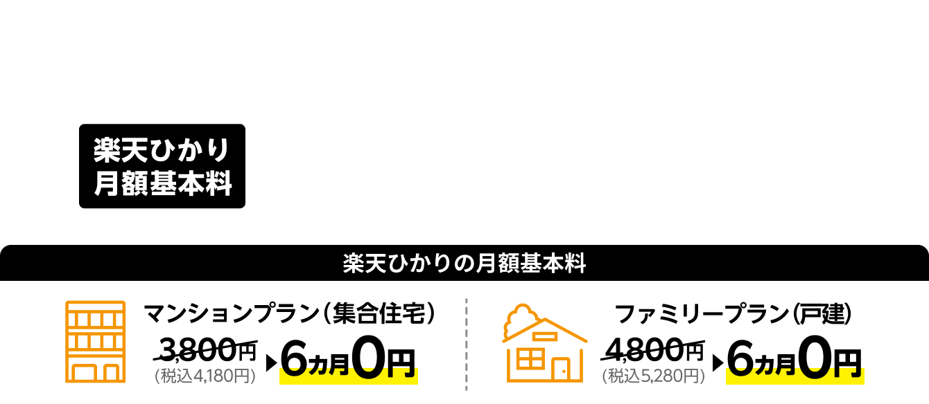 楽天モバイルとセットで使うと楽天ひかり月額基本料6カ月0円 楽天ひかりの月額基本料 マンションプラン（集合住宅）6カ月0円 ファミリープラン（戸建）6カ月0円