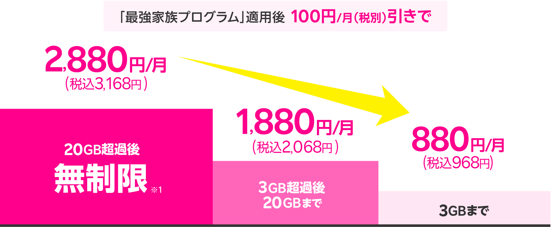 家族割引適用後100円（税別）引きで、20GB超過後どれだけ使っても無制限※1 で2,880円/月(税込3,168円)、3GB超過後20GBまでは1,880 円/月(税込2,068円)  、3GBまでは880円/月(税込968円) 。毎月のデータ利用量に応じて最適な料金に！