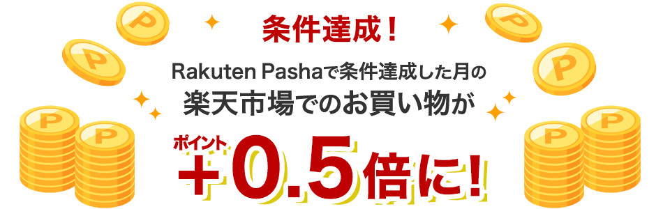 条件達成！Rakuten Pashaで条件達成した月の楽天市場でのお買い物がポイント＋0.5倍に！