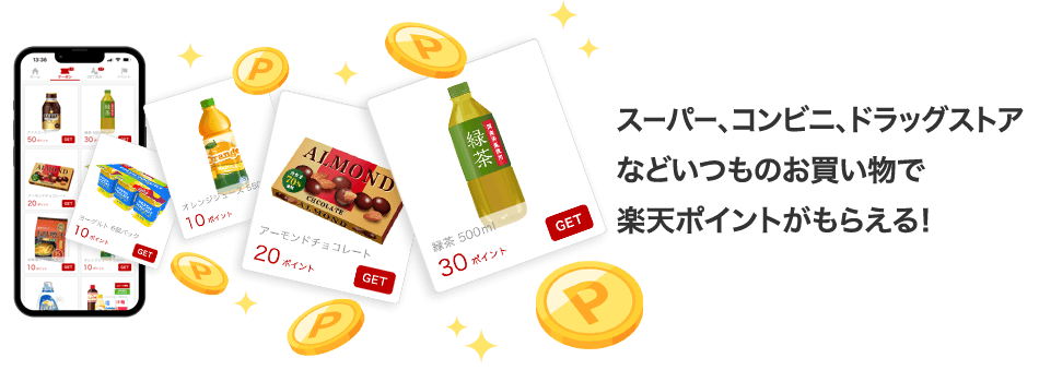 スーパー、コンビニ、ドラッグストアなどいつものお買い物で楽天ポイントがもらえる！