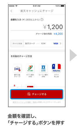 金額を確認し、｢チャージする」ボタンを押す