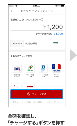 金額を確認し、「チャージする」ボタンを押す