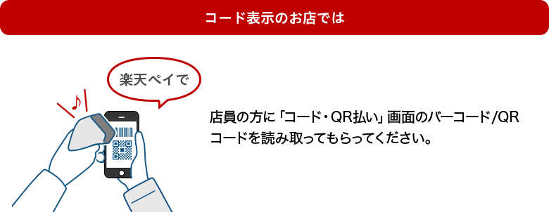 コード表示のお店では（セブンイレブン ファミリーマート ミニストップ ローソン オーケー 西友 リヴィン サニー ウエルシア薬局 クスリのアオキ スギ薬局 ツルハドラッグ V・ドラッグ ドラッグセイムス くら寿司 松屋 ケーズデンキ ビックカメラ マックハウス） 楽天ペイで店員の方に「コード・QR払い」画面のバーコード/QRコードを読み取ってもらってください。