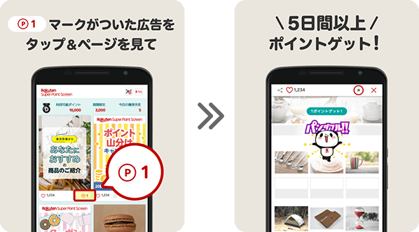 P1マークがついた広告をタップ&ページを見て5日間以上ポイントゲット!