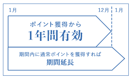 ポイントの有効期限は１年間 期限内に獲得すれば、有効期限は延長されます