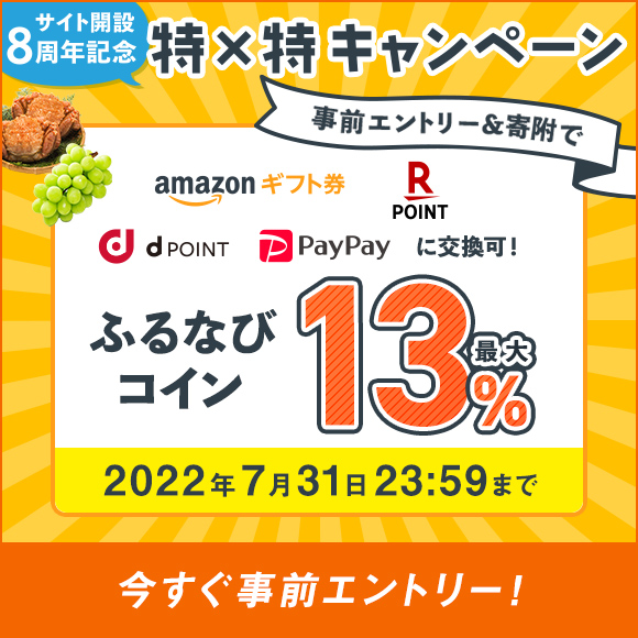 最大13%分！付与上限なし！　サイト開設8周年記念　特×特キャンペーン　事前エントリー＆寄附でふるなびコインがもらえる！