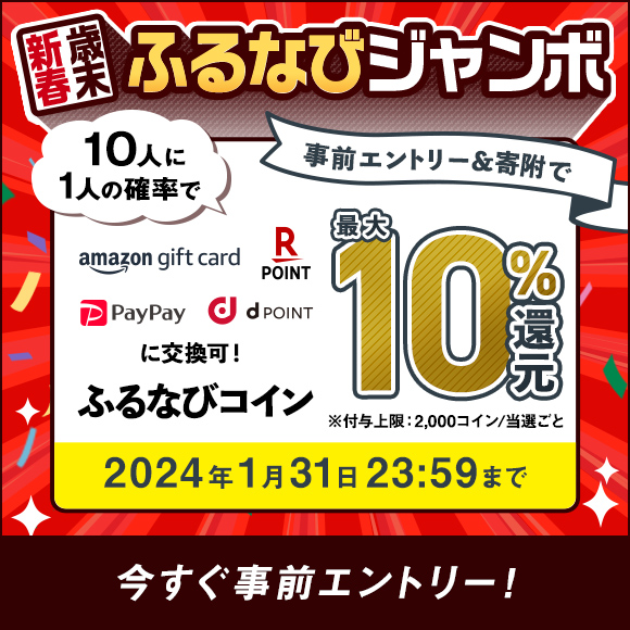 最大10%分還元！2023歳末・新春 ふるなびジャンボ　事前エントリー＆寄附で10人に1人の確率でふるなびコインが当たる！