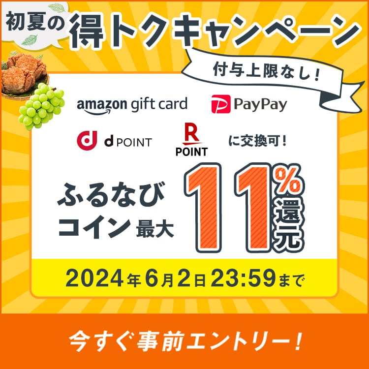 最大11%分還元！付与上限なし！2024初夏のふるなび得トクキャンペーン　事前エントリー＆寄附でふるなびコインがもらえる！