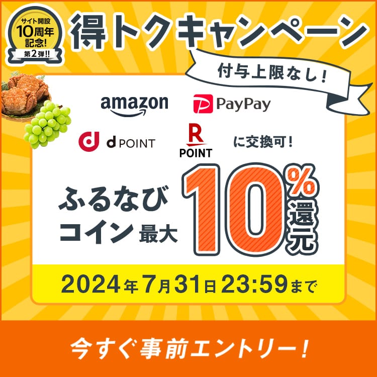 最大10%分還元！付与上限なし！サイト開設10周年記念第2弾！ふるなび得トクキャンペーン