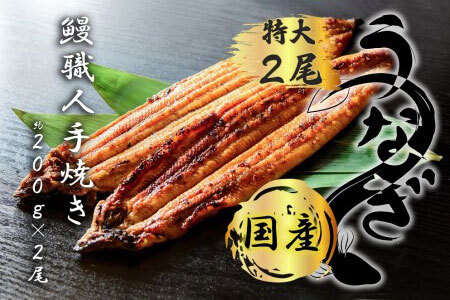 FK014_ 九州産　うなぎ職人手焼き　蒲焼　国産　有頭鰻 1尾あたり約200ｇ×2尾（合計約400ｇ以上）たれ・山椒セット